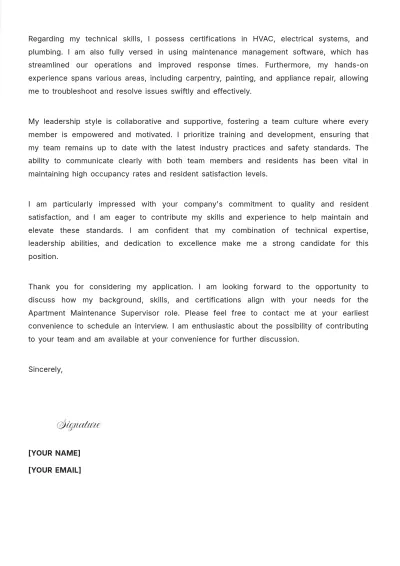 Free Apartment Maintenance Supervisor Cover Letter to Edit Online