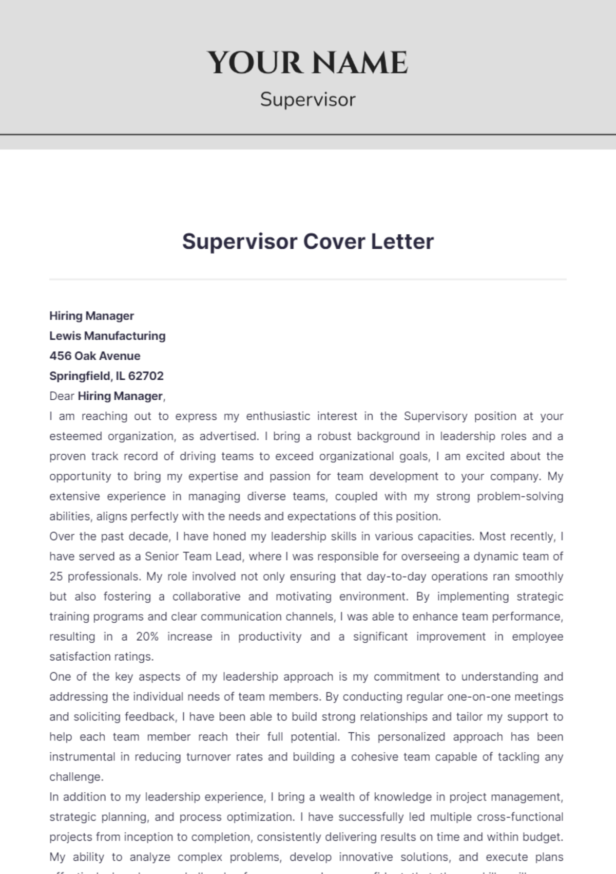 Supervisor Cover Letter - Edit Online & Download