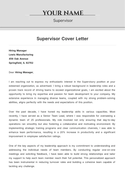 Free Supervisor Cover Letter to Edit Online