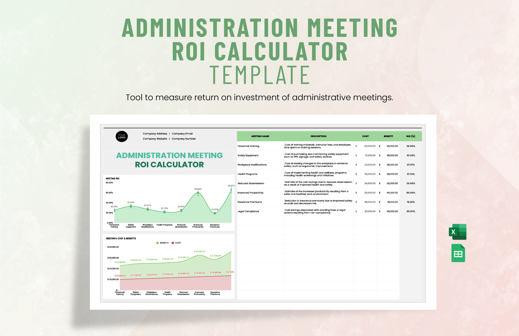 Administration Meeting ROI Calculator Template in Excel, Google Sheets