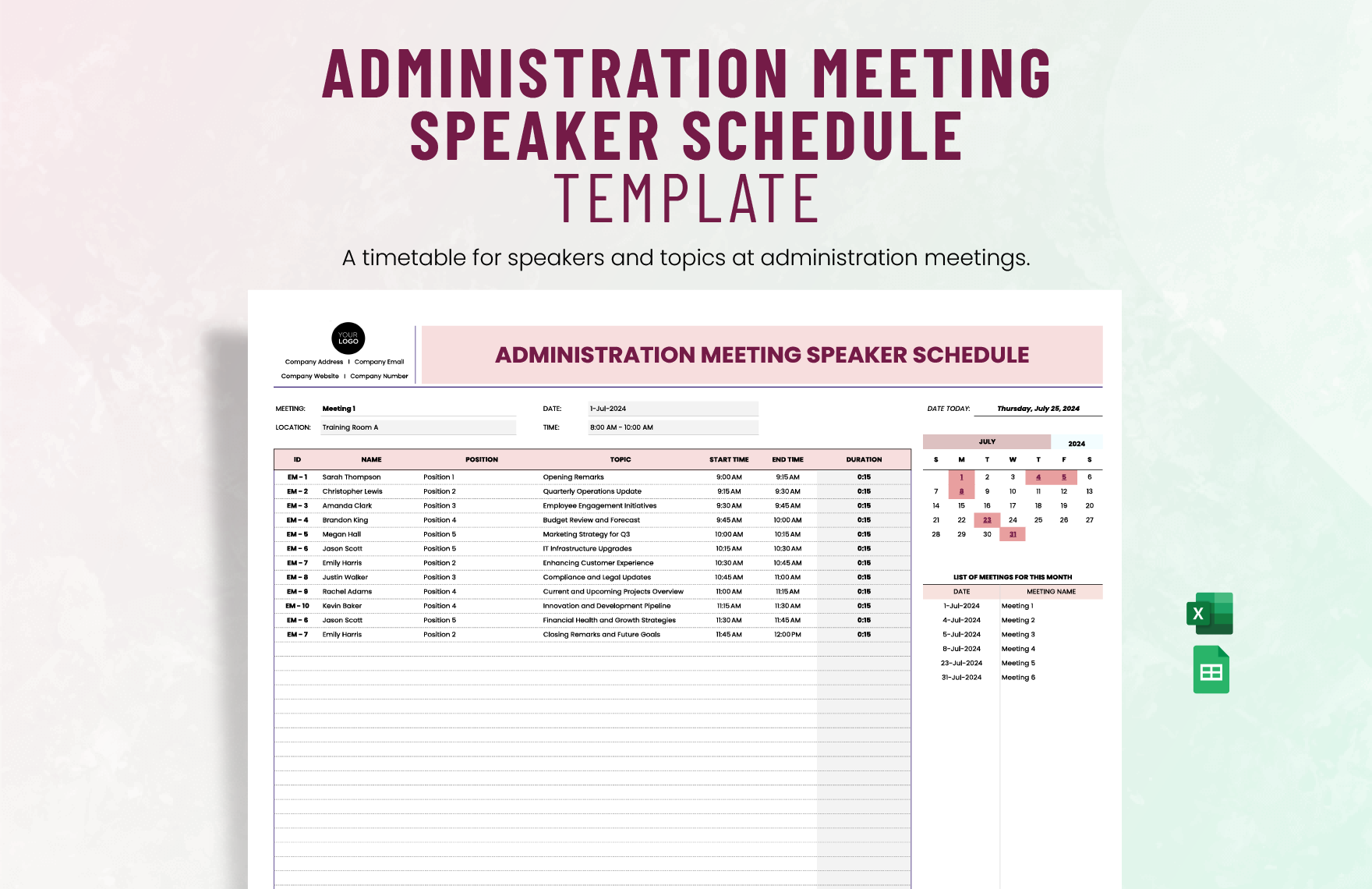 Administration Meeting Speaker Schedule Template in Excel, Google Sheets