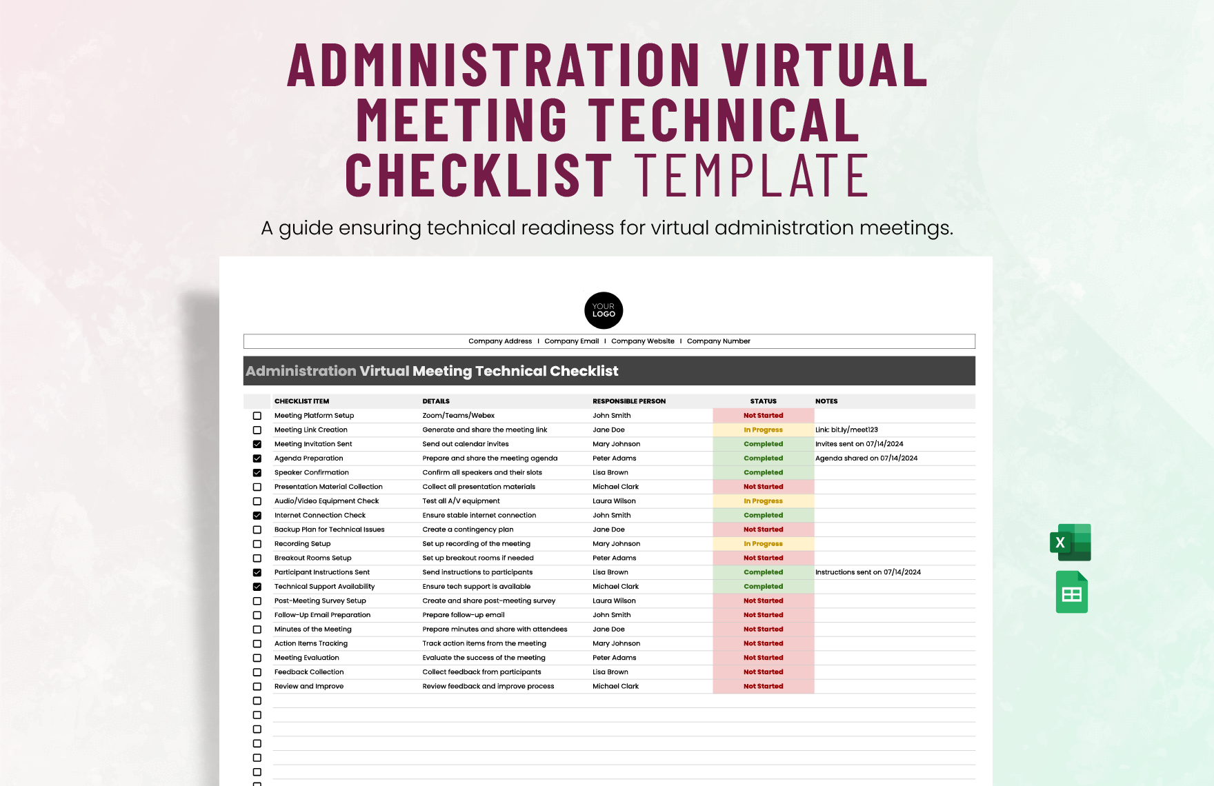 Administration Virtual Meeting Technical Checklist Template in Excel, Google Sheets