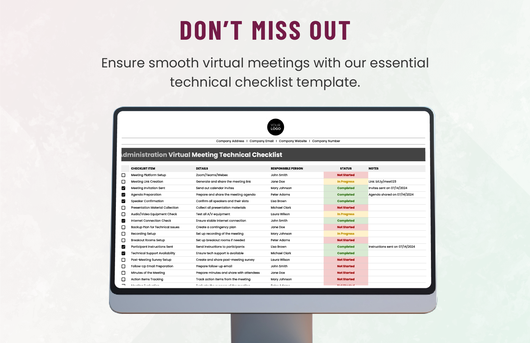 Administration Virtual Meeting Technical Checklist Template