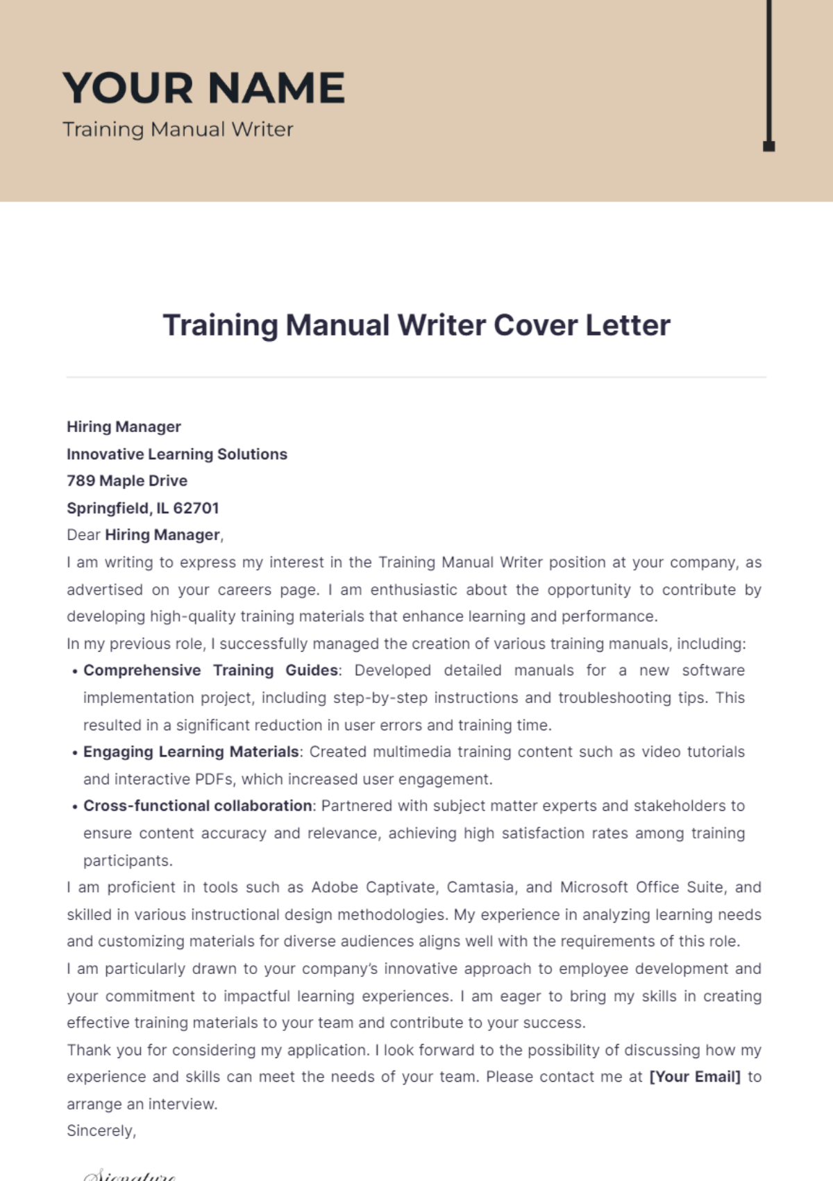 Training Manual Writer Cover Letter - Edit Online & Download