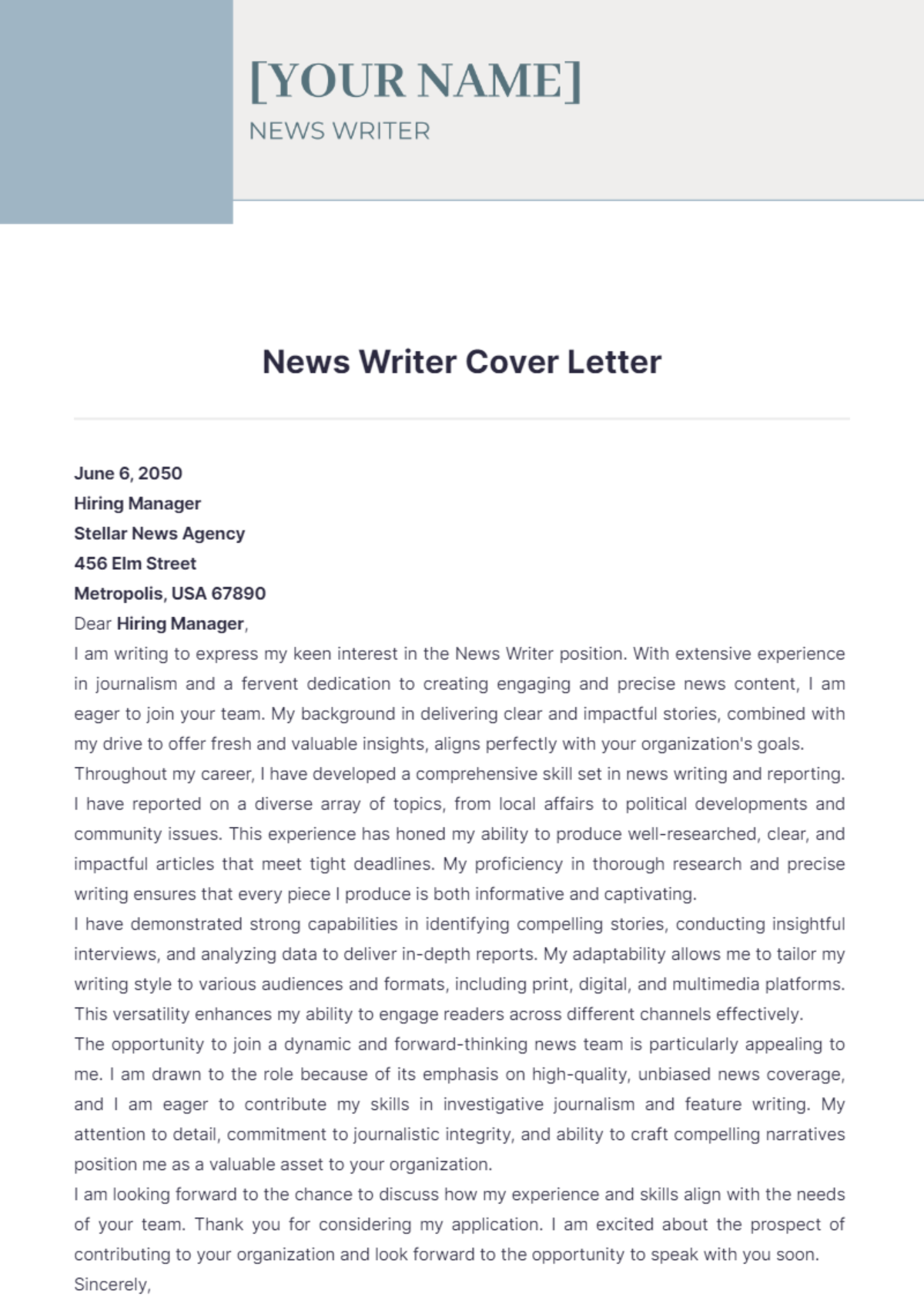 News Writer Cover Letter - Edit Online & Download