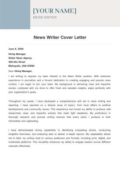 Free News Writer Cover Letter to Edit Online