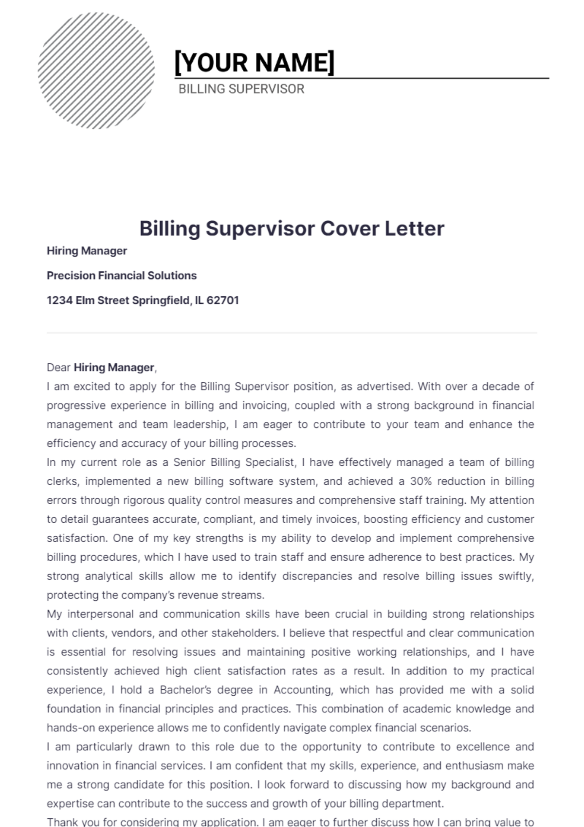 Billing Supervisor Cover Letter - Edit Online & Download