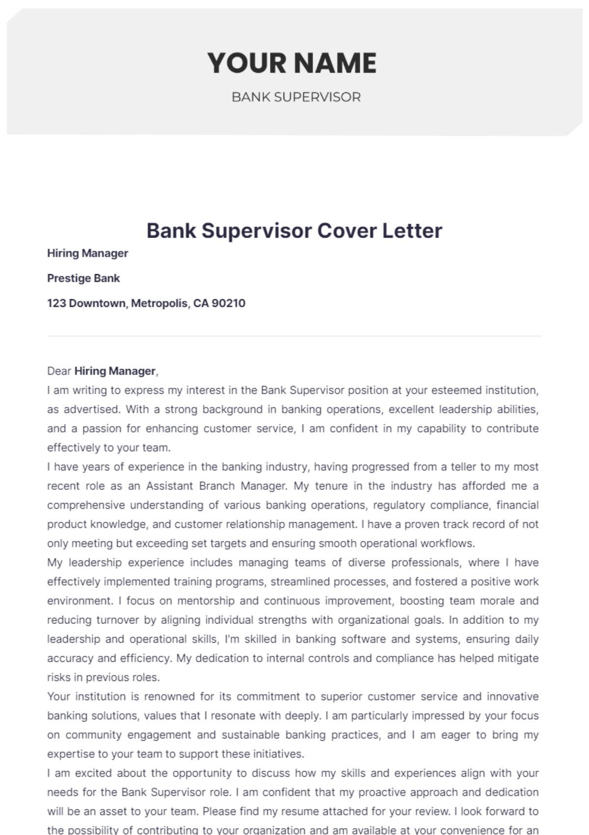 Bank Supervisor Cover Letter - Edit Online & Download