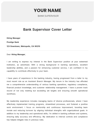 Free Bank Supervisor Cover Letter to Edit Online
