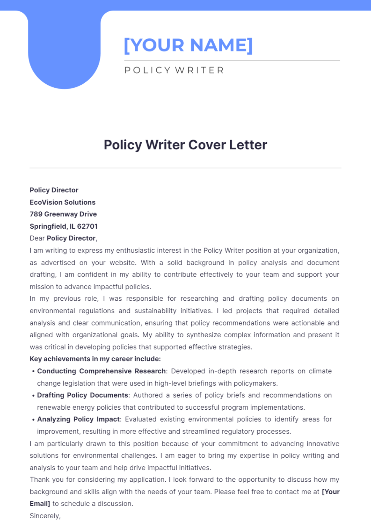 Policy Writer Cover Letter - Edit Online & Download