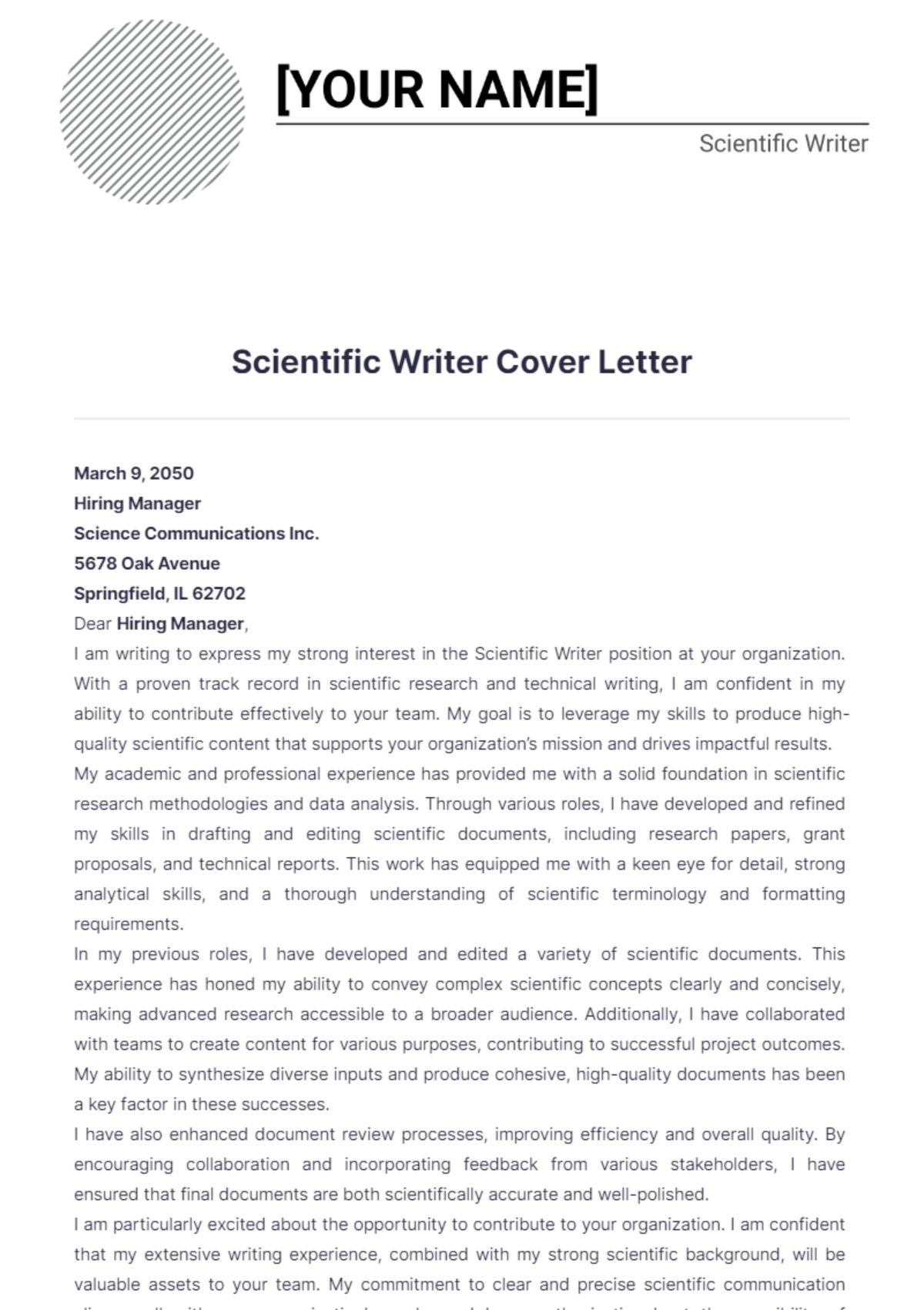 Scientific Writer Cover Letter - Edit Online & Download