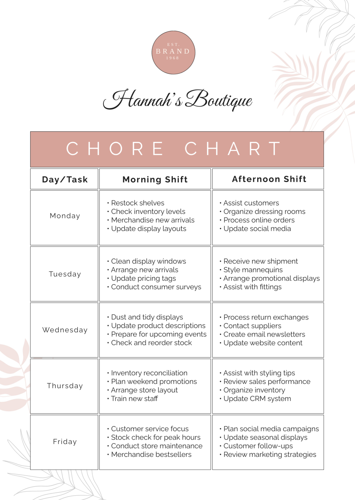 Boutique Chore Chart