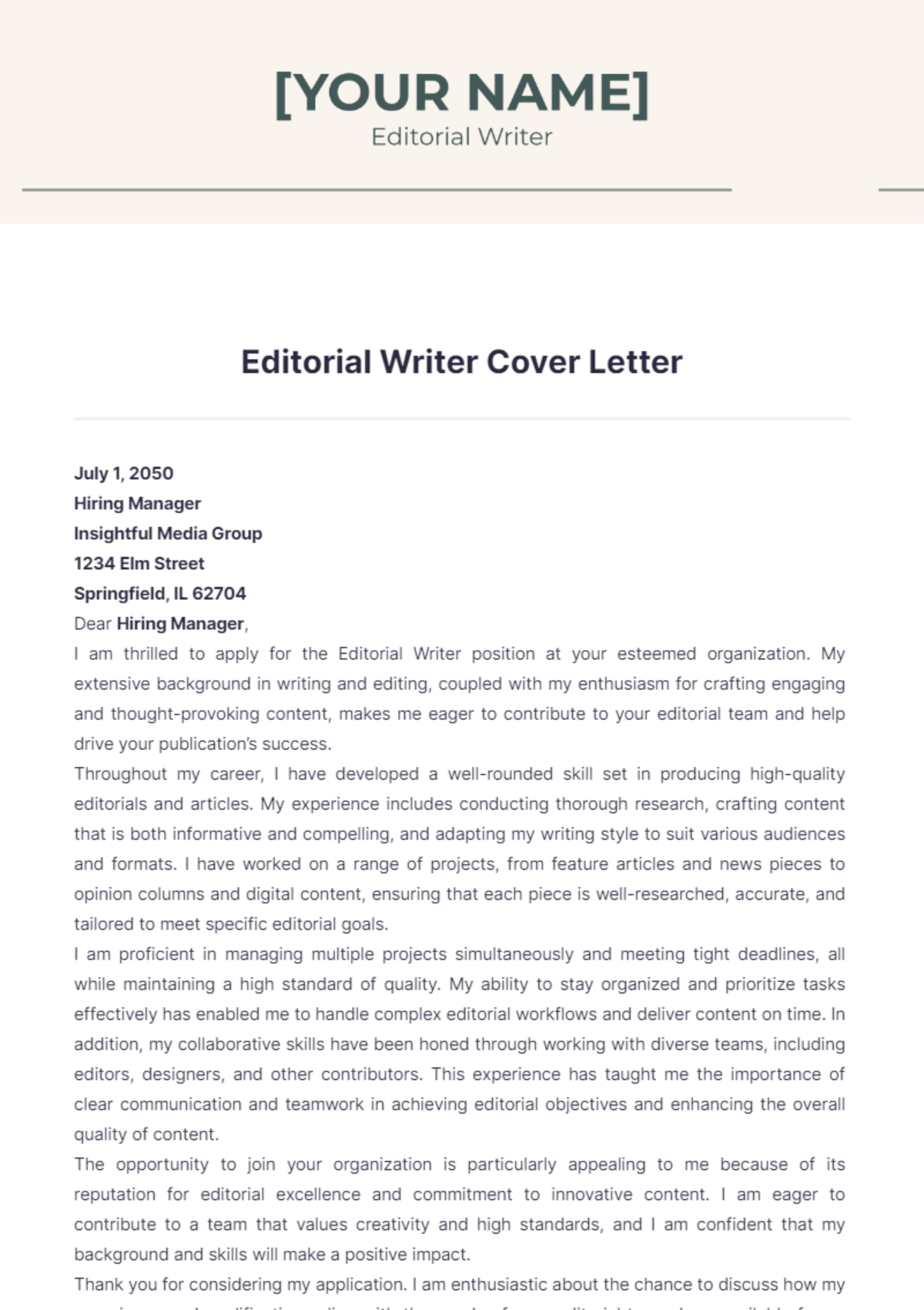 Editorial Writer Cover Letter - Edit Online & Download