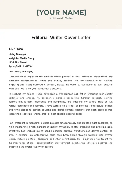 Free Editorial Writer Cover Letter to Edit Online
