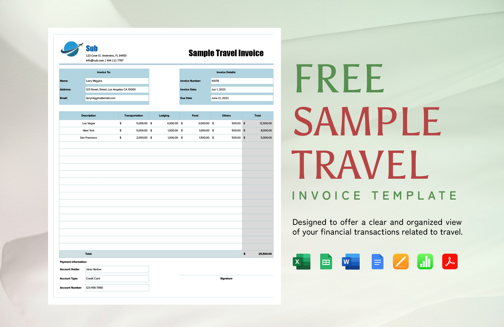 Sample Travel Invoice Template in Google Docs, Apple Numbers, Word, PDF, Pages, Excel, Google Sheets - Download | Template.net