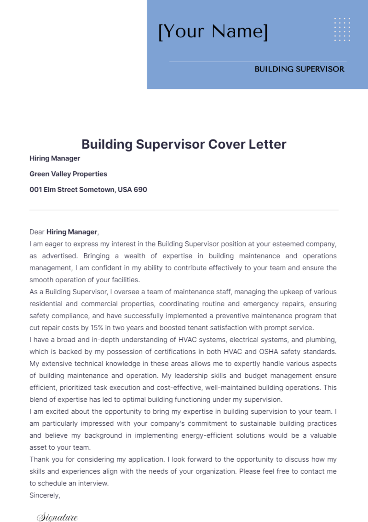 Building Supervisor Cover Letter - Edit Online & Download