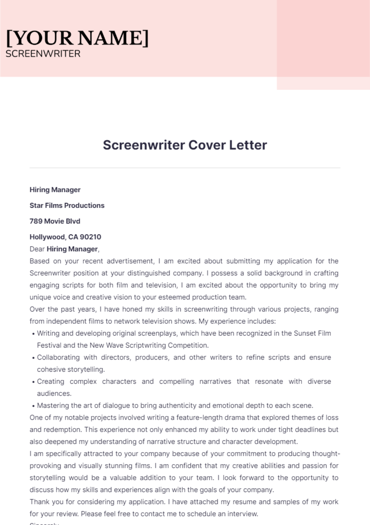 Screenwriter Cover Letter - Edit Online & Download