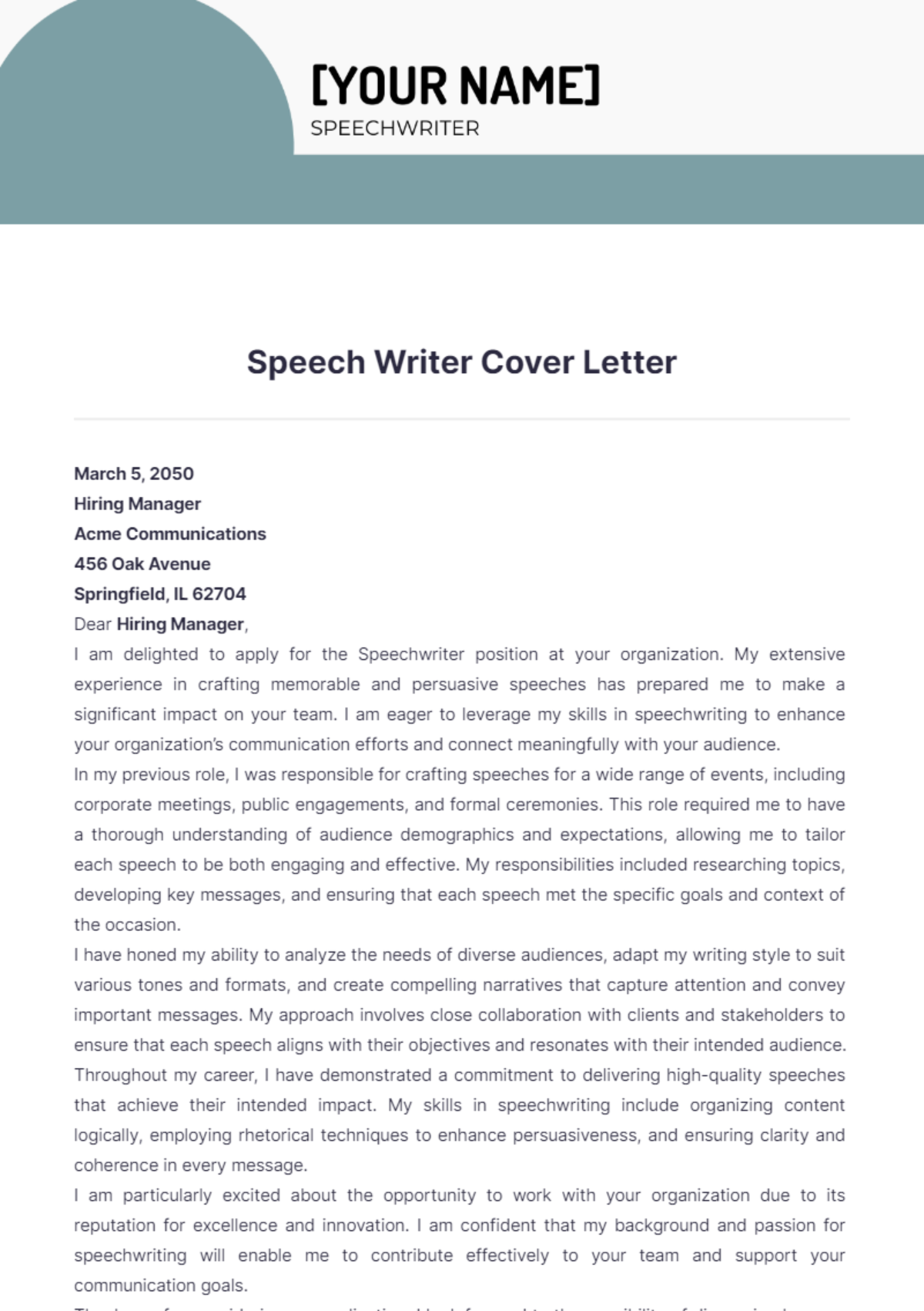 cover letter speech writer