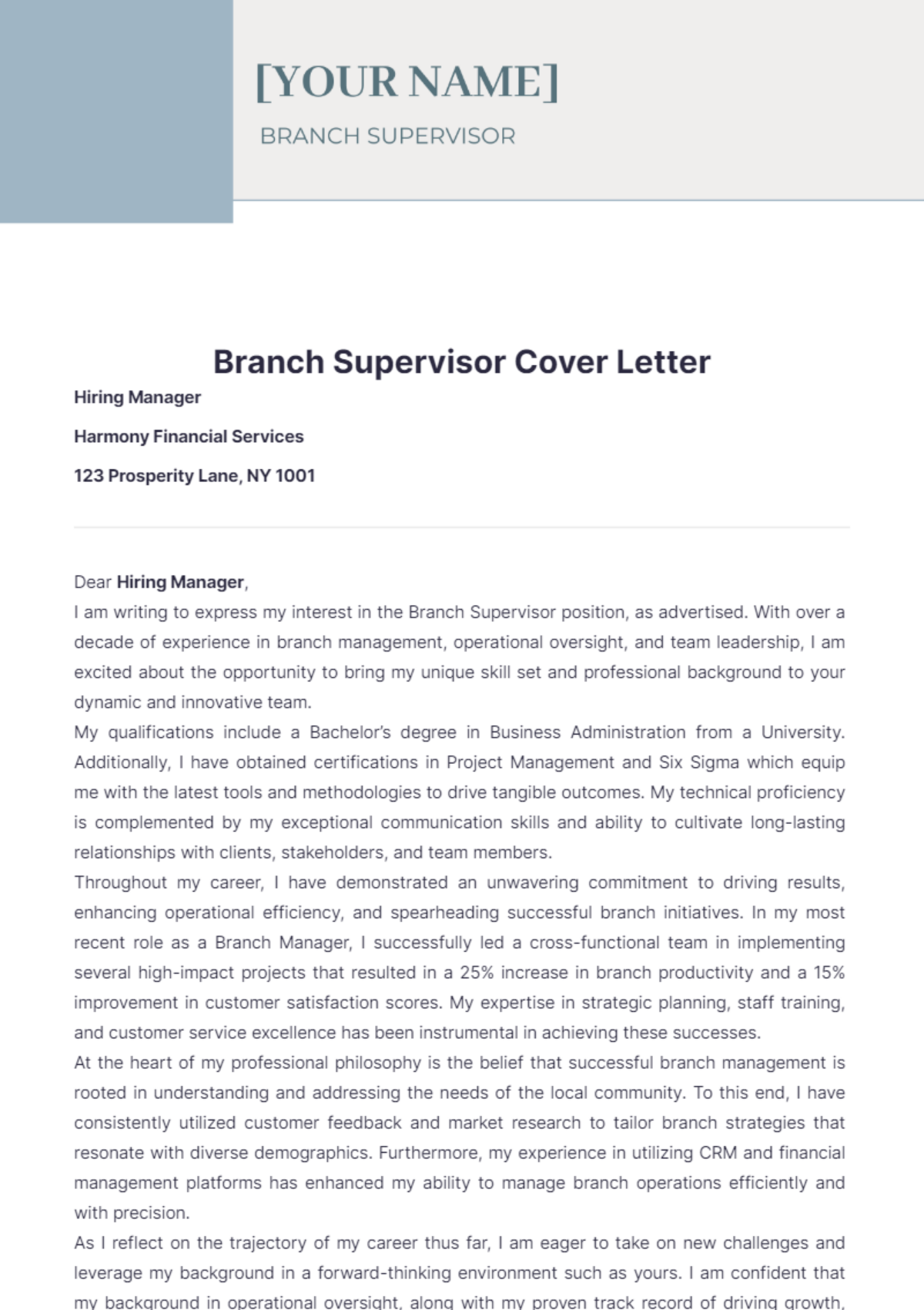 Branch Supervisor Cover Letter - Edit Online & Download