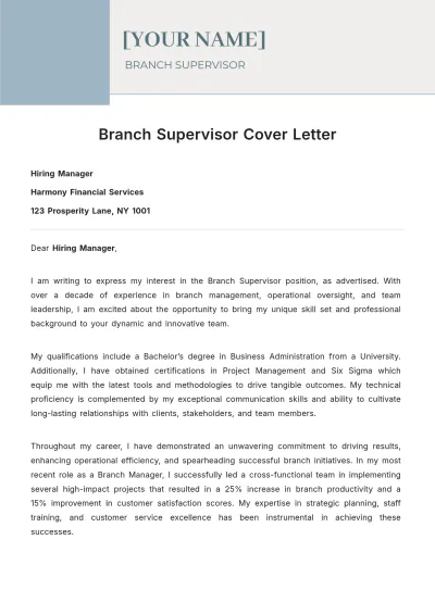 Free Branch Supervisor Cover Letter to Edit Online