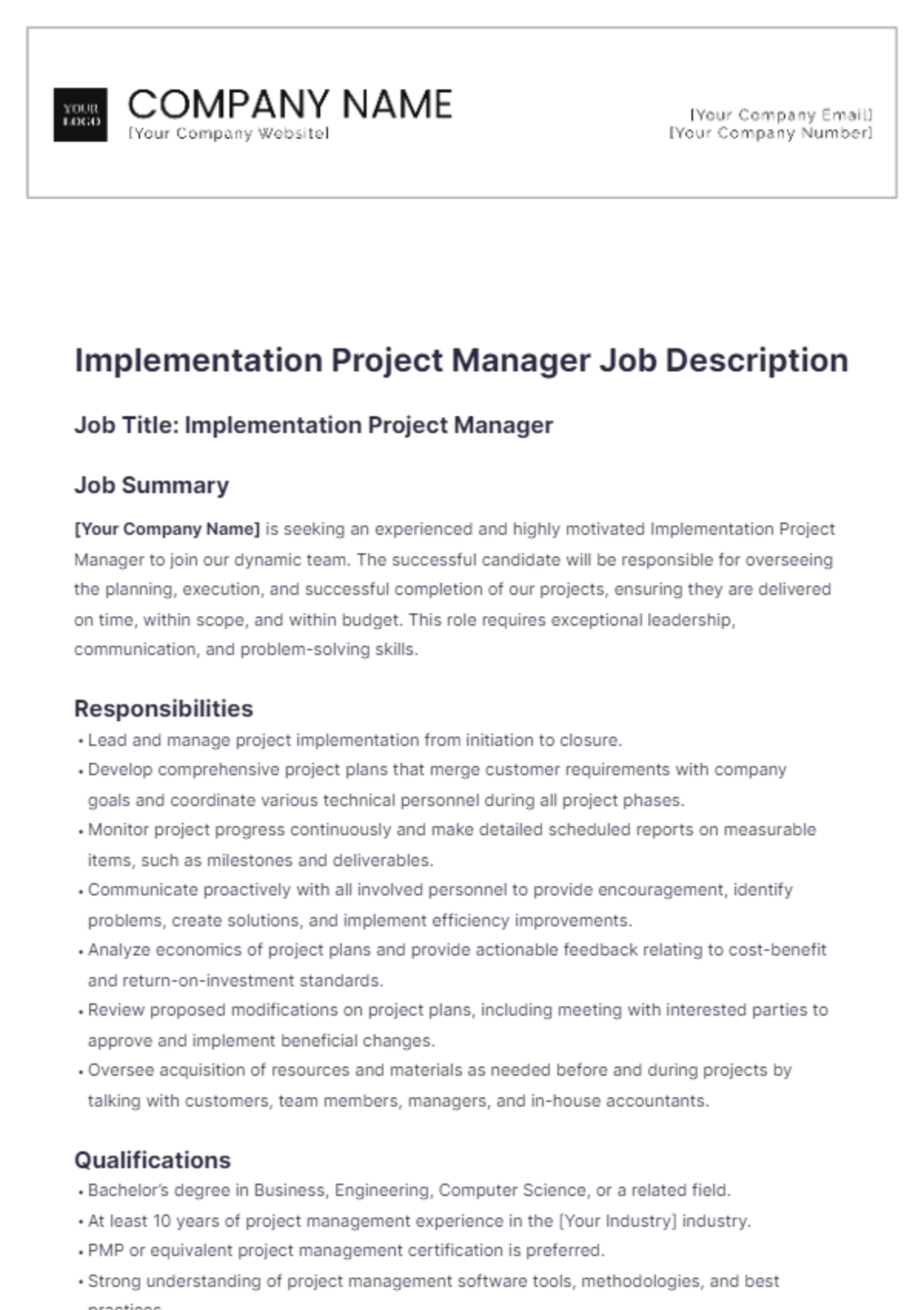 Implementation Project Manager Job Description - Edit Online & Download