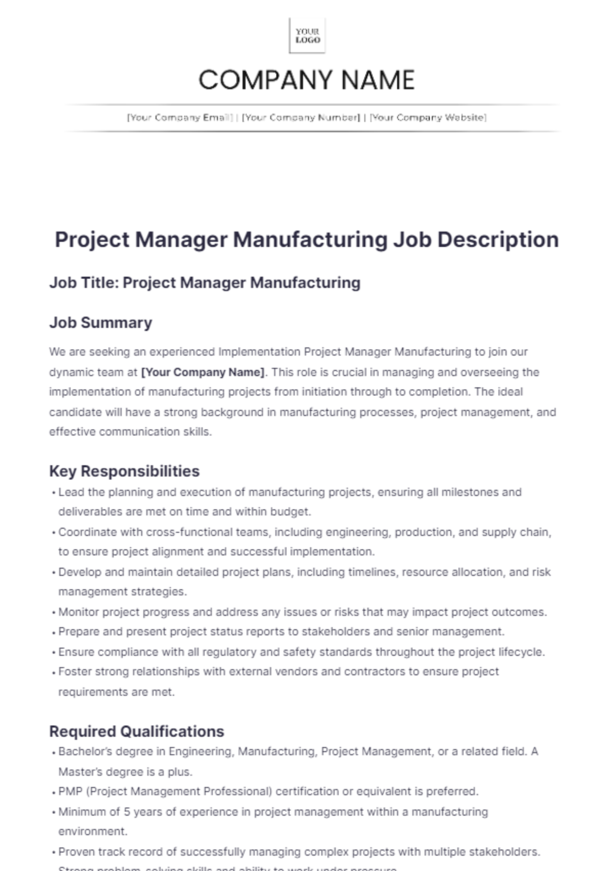 Project Manager Manufacturing Job Description - Edit Online & Download