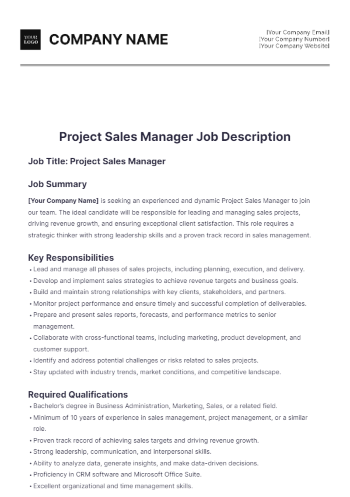 Project Sales Manager Job Description - Edit Online & Download