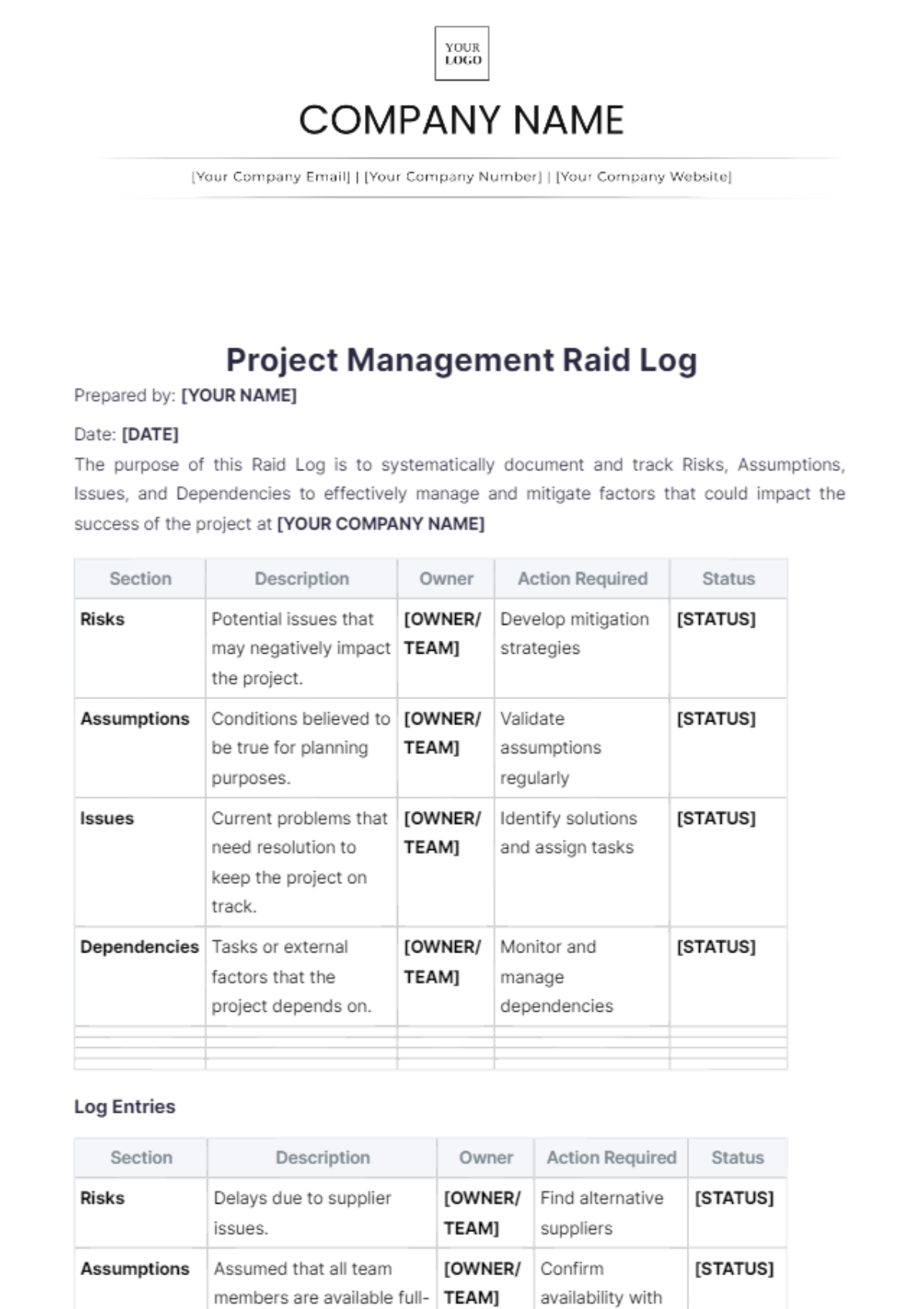 Project Management Raid Log Template - Edit Online & Download