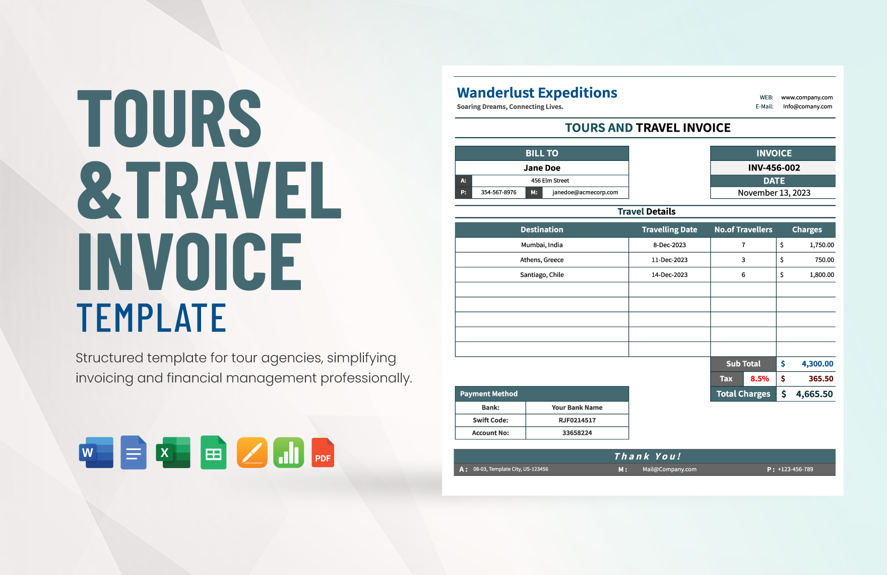 Tour and Travel Invoice Template in Google Docs, Pages, Word, PDF, Apple Numbers, Excel, Google Sheets - Download | Template.net