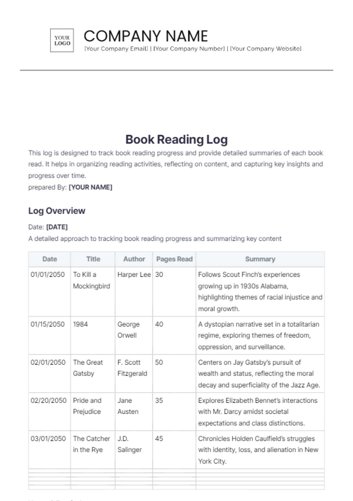 Book Reading Log Template - Edit Online & Download