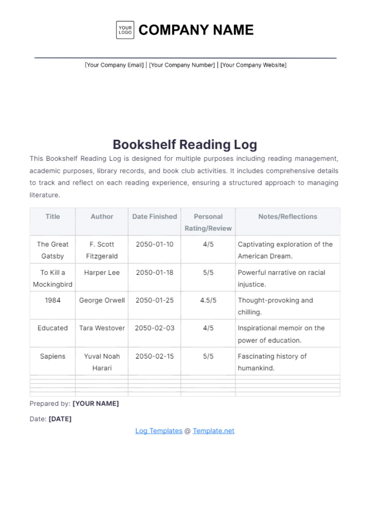 Bookshelf Reading Log Template - Edit Online & Download