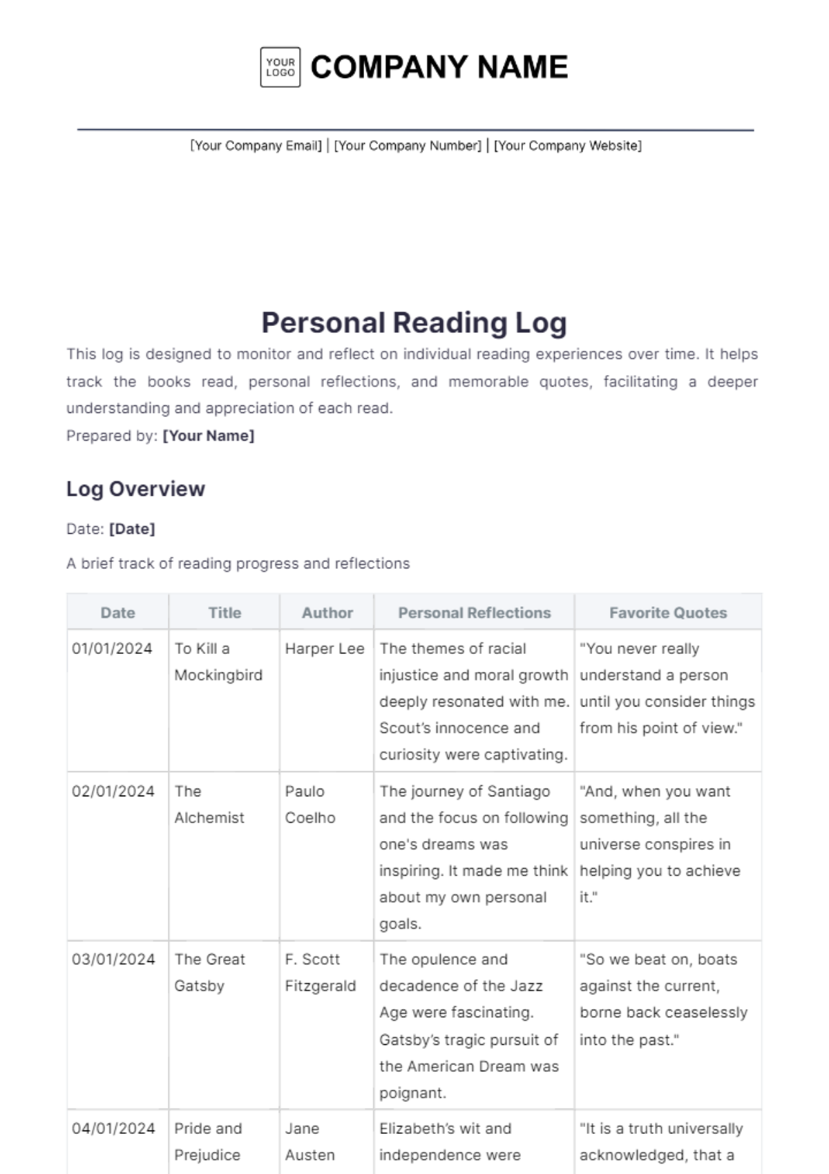 Personal Reading Log Template