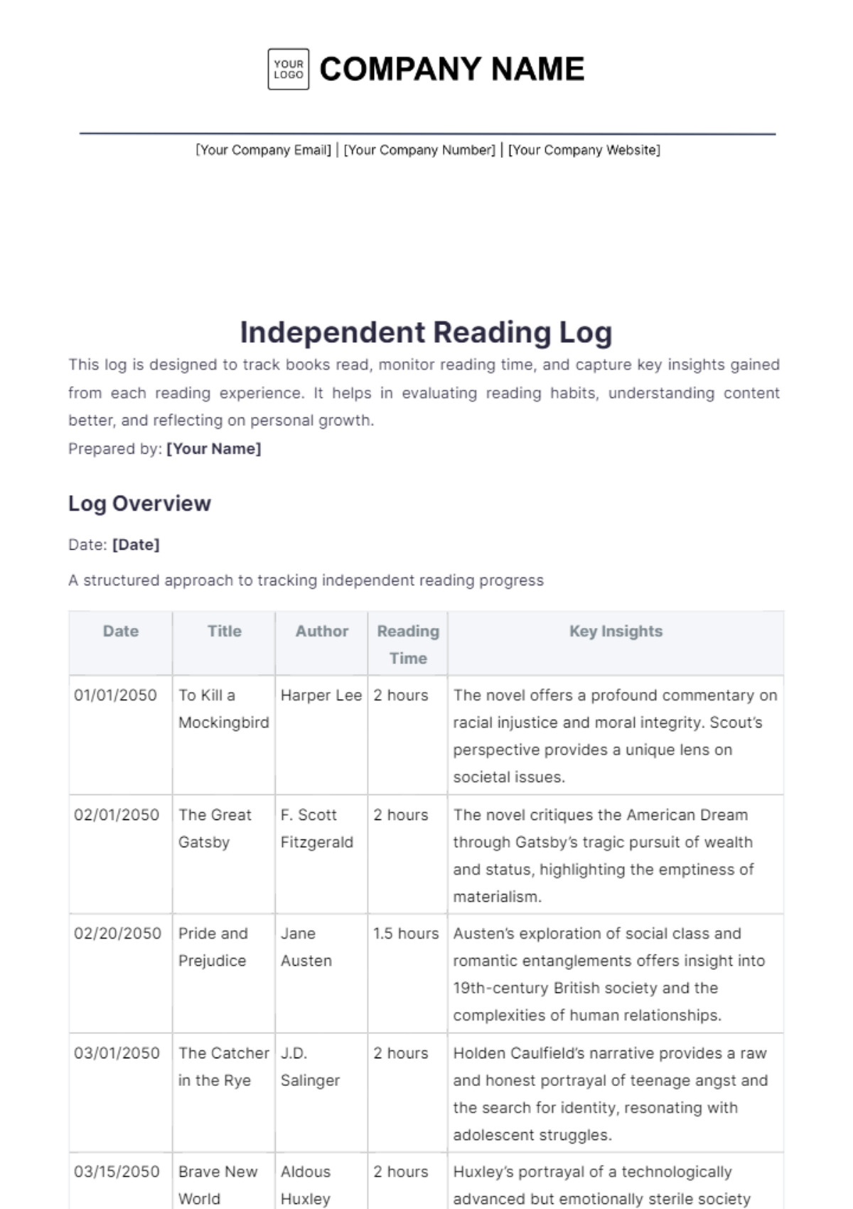 Independent Reading Log Template