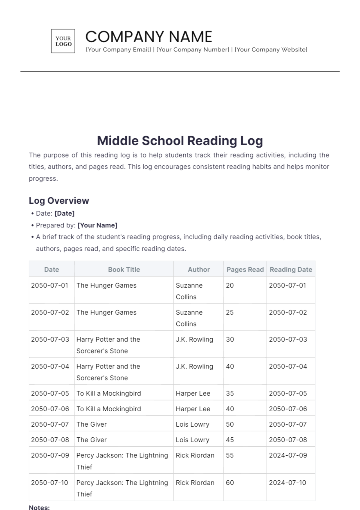 Middle School Reading Log Template - Edit Online & Download