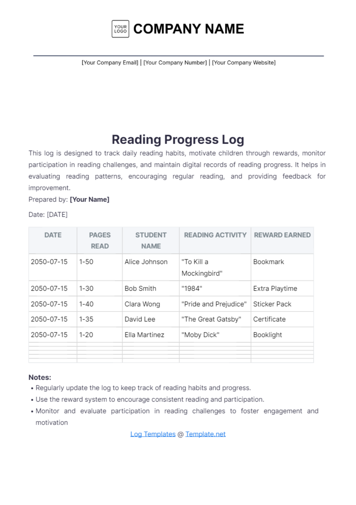 Kids Reading Log Template - Edit Online & Download