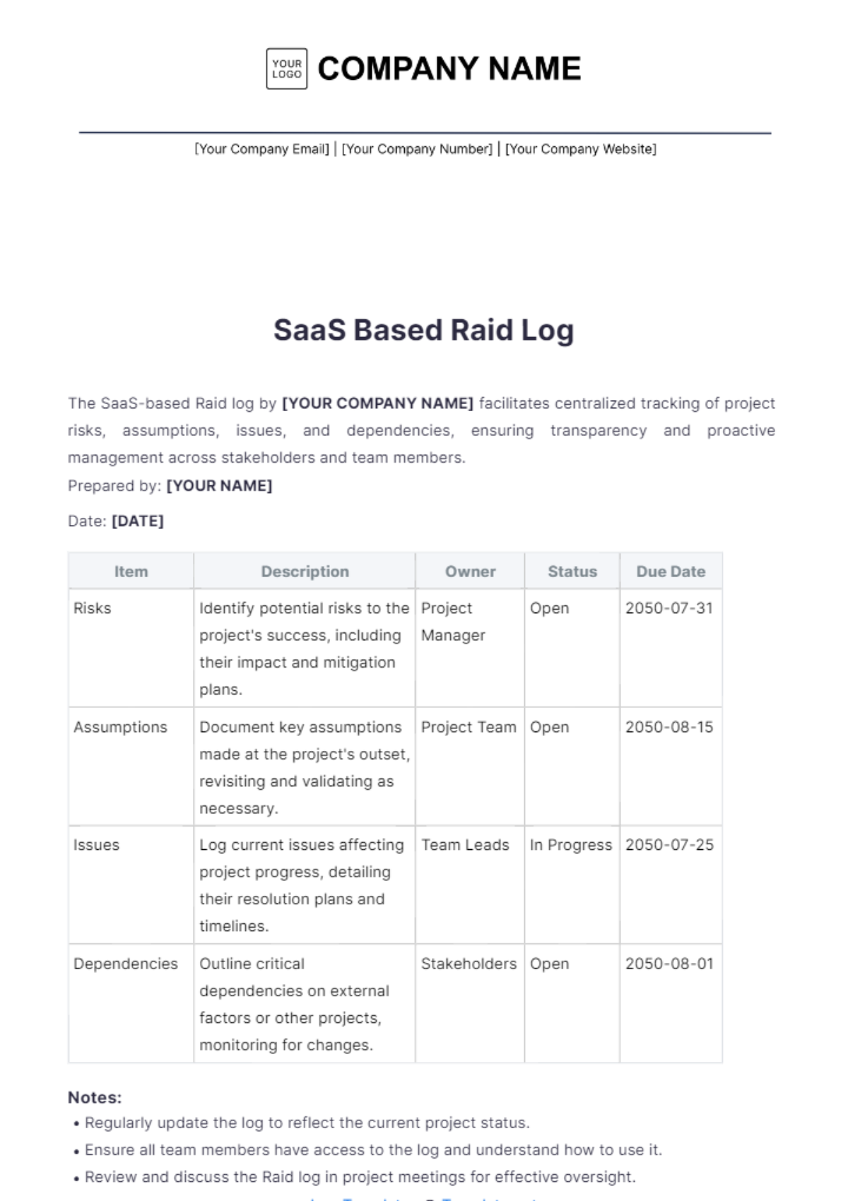 SaaS Based Raid Log Template - Edit Online & Download