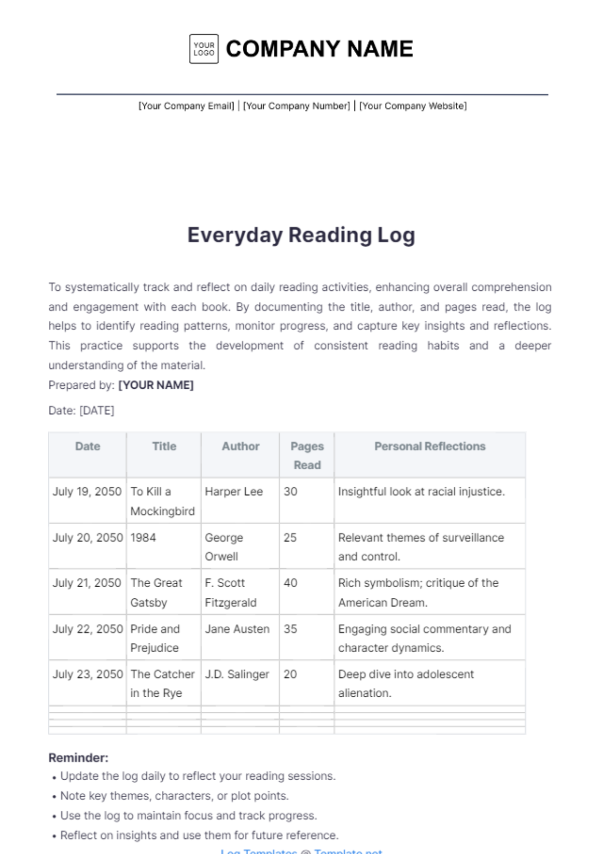 Everyday Reading Log Template - Edit Online & Download