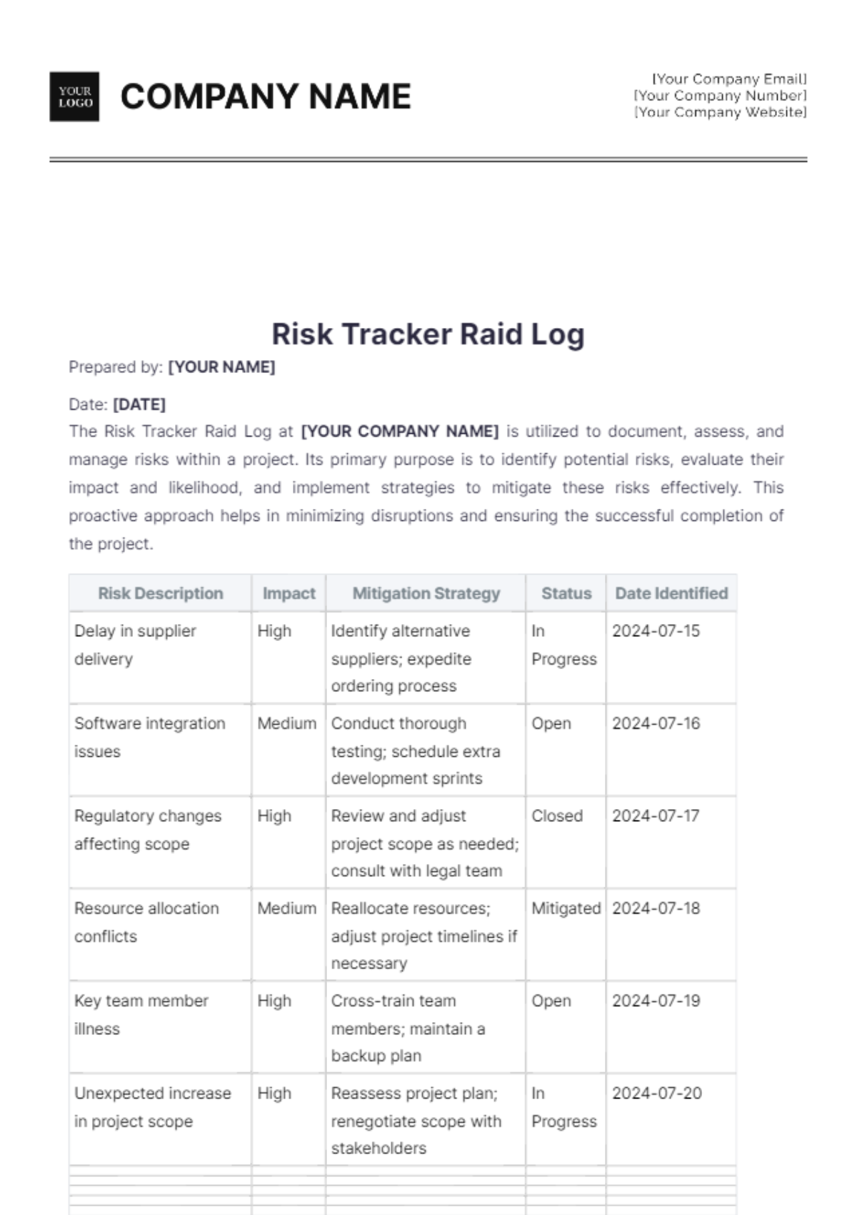 Risk Tracker Raid Log Template - Edit Online & Download