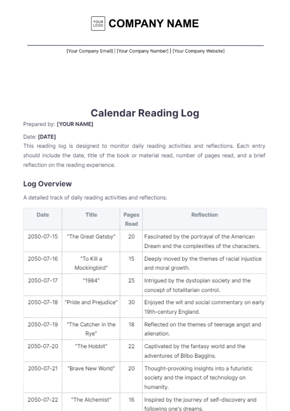 Calendar Reading Log Template - Edit Online & Download