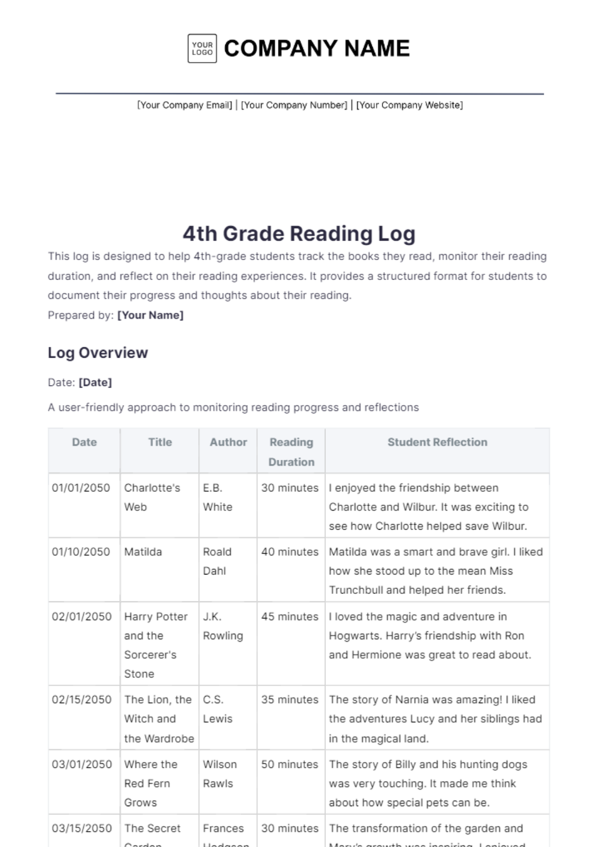 4th Grade Reading Log Template