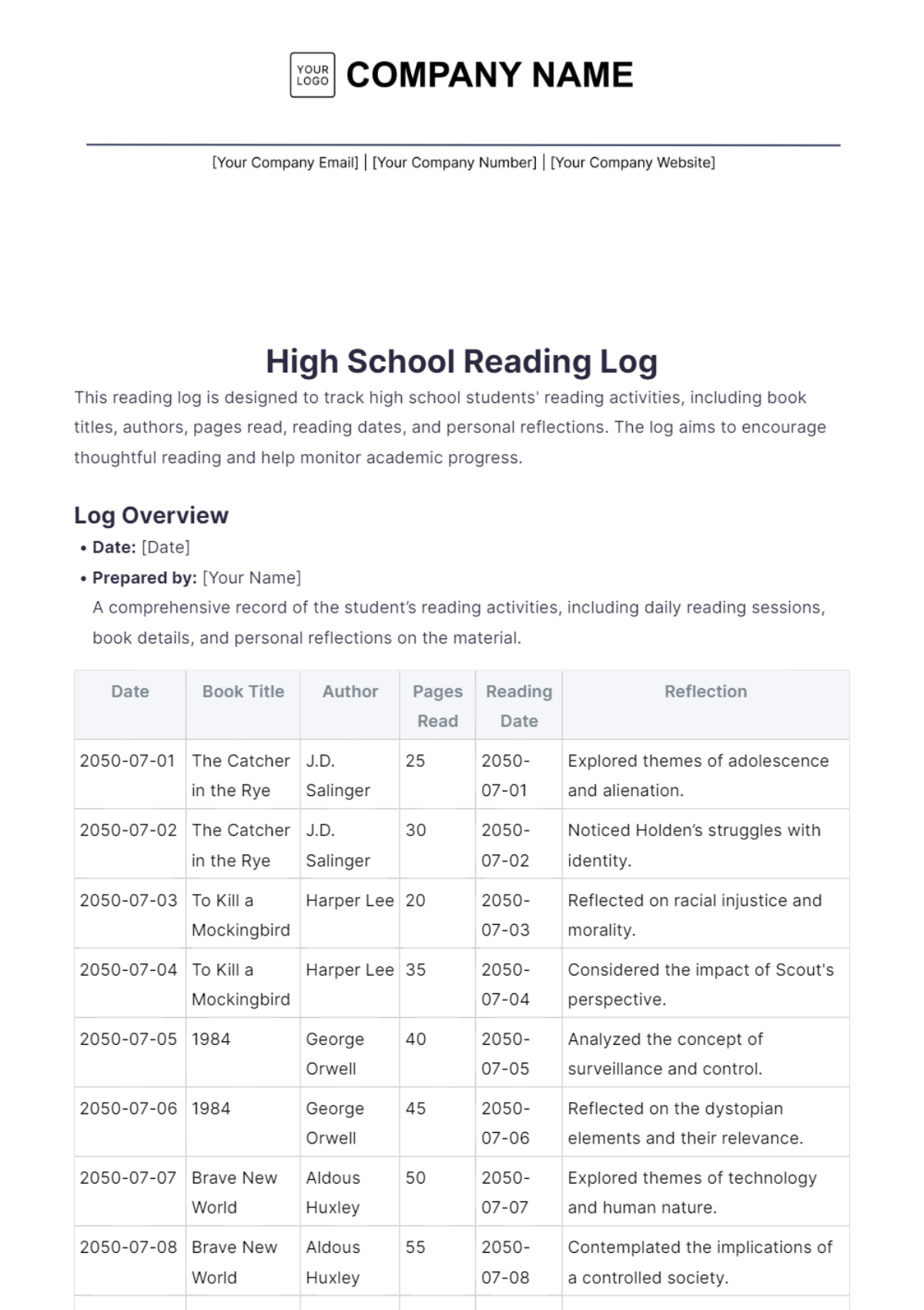 High School Reading Log Template - Edit Online & Download