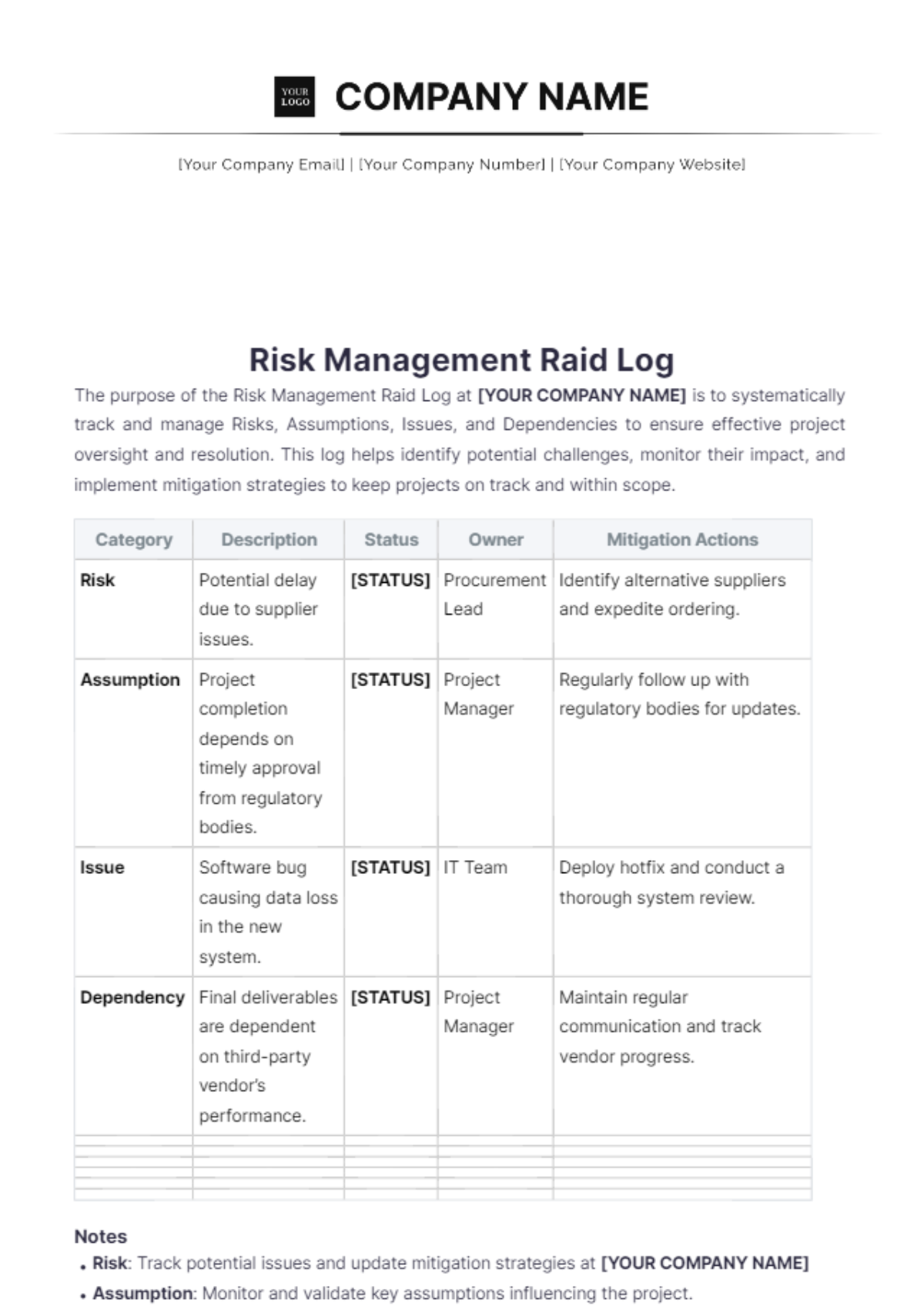 Risk Management RAID Log Template - Edit Online & Download