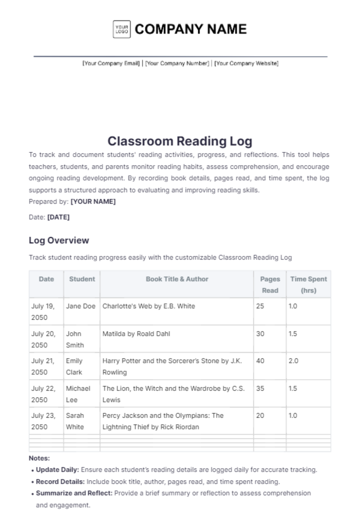 Classroom Reading Log Template - Edit Online & Download