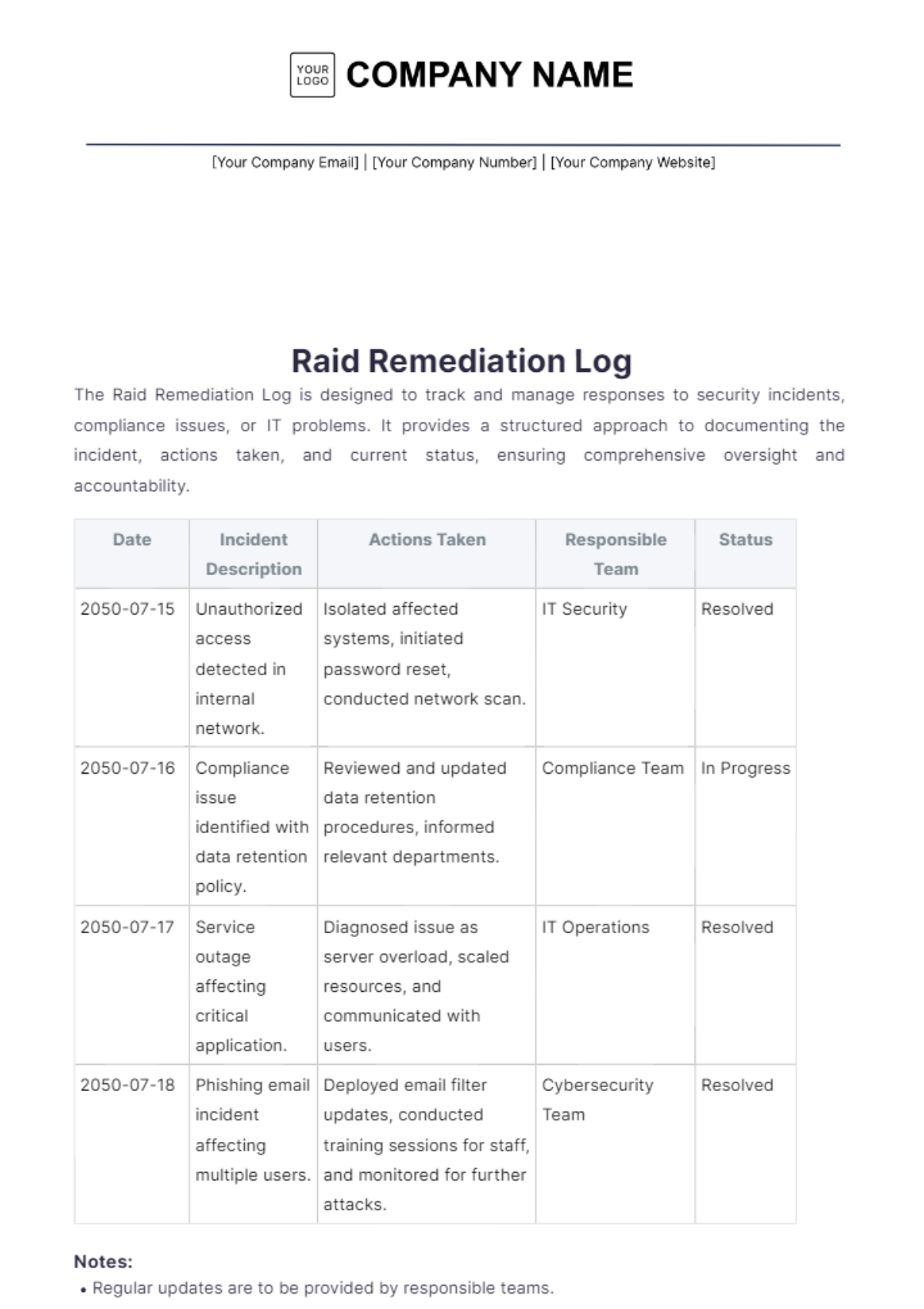 Raid Remediation Log Template - Edit Online & Download