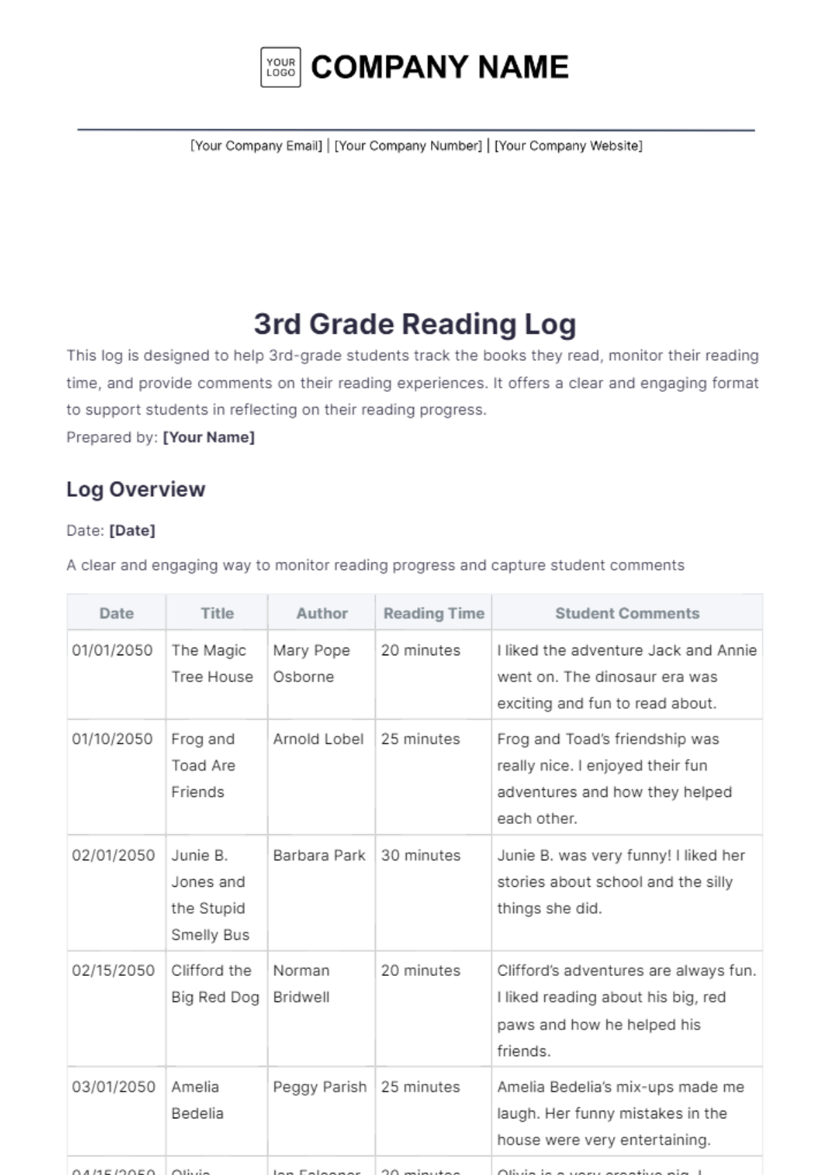 3rd Grade Reading Log Template - Edit Online & Download