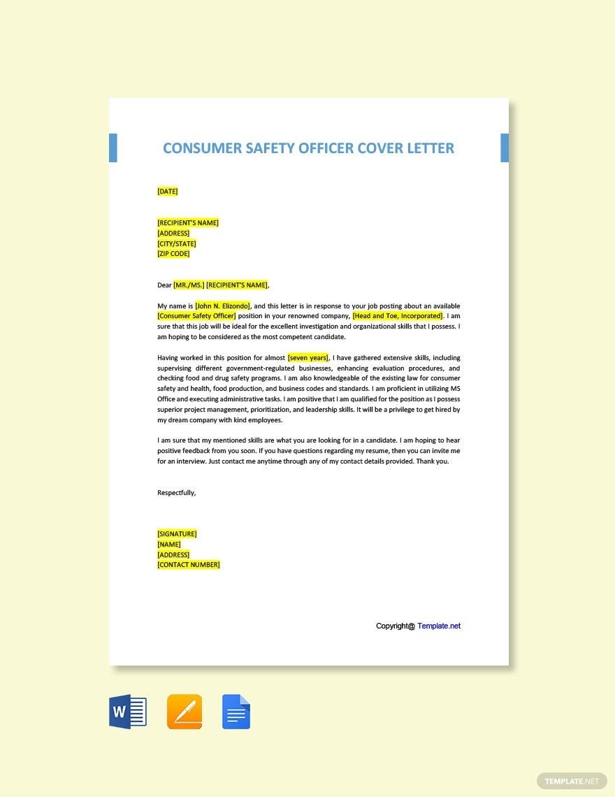 Consumer Safety Officer Cover Letter Template