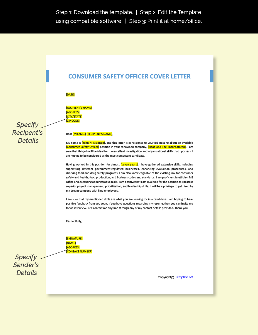 Consumer Safety Officer Cover Letter Template