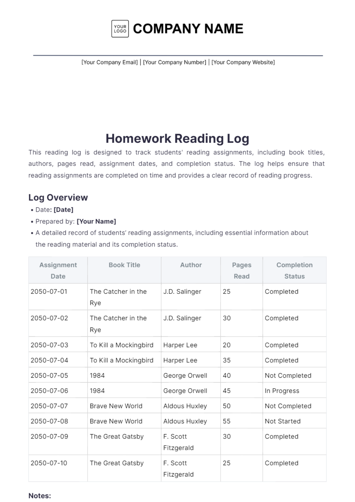 Homework Reading Log Template - Edit Online & Download