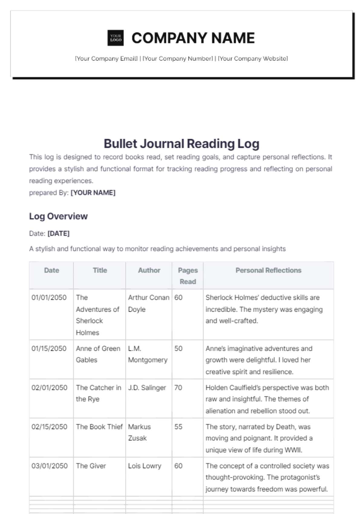 Bullet Journal Reading Log Template - Edit Online & Download