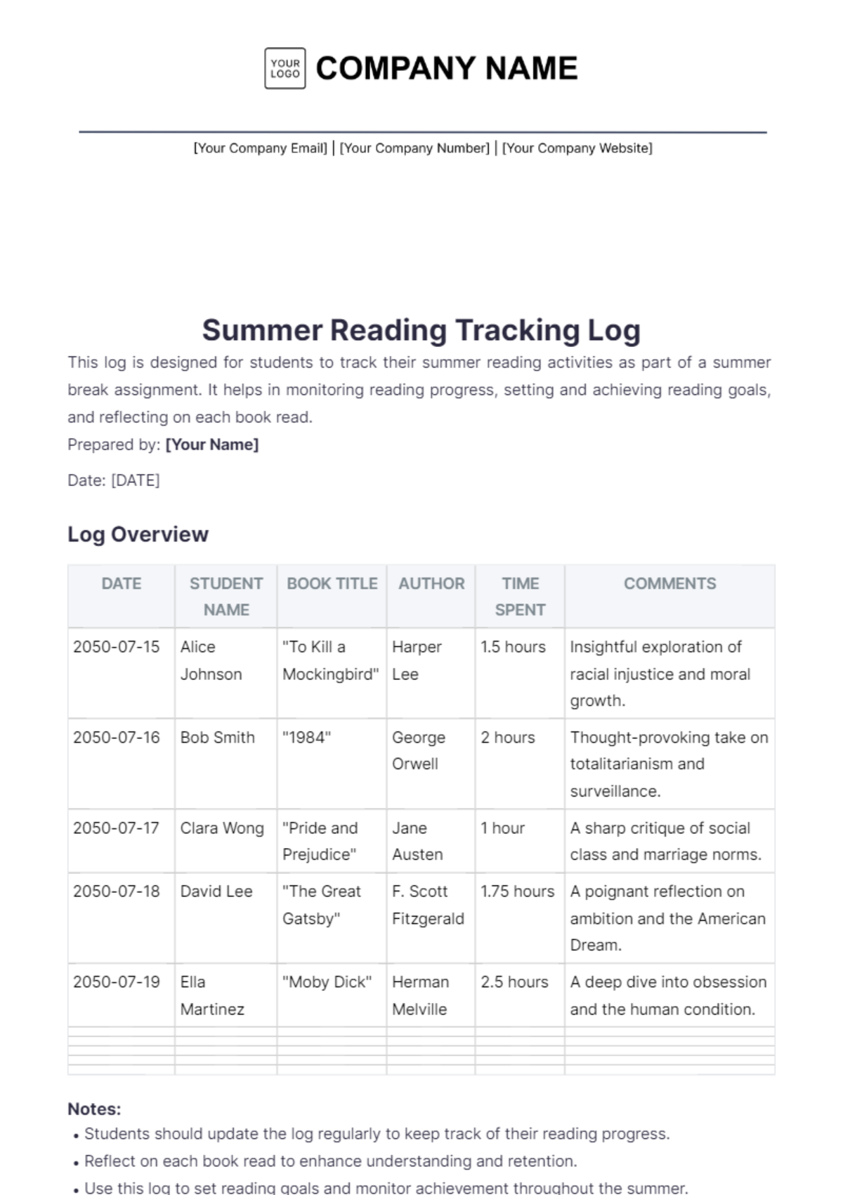 Summer Reading Log Template - Edit Online & Download